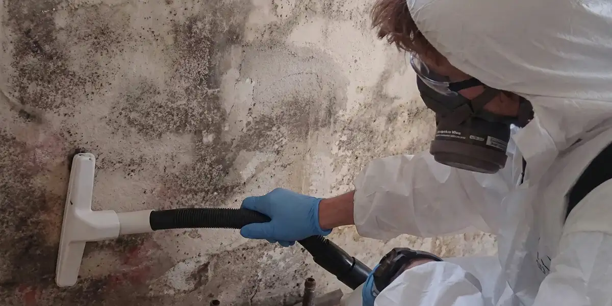 professional mold removal technician wearing protective equipment removing mold from a wall in Grand Rapids, MI